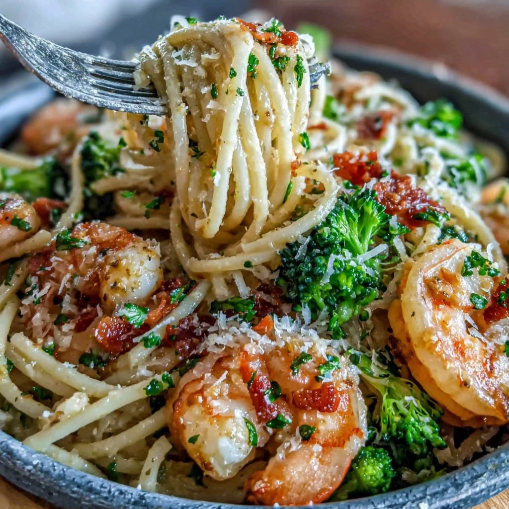 Shrimp And Broccoli Garlic Pasta